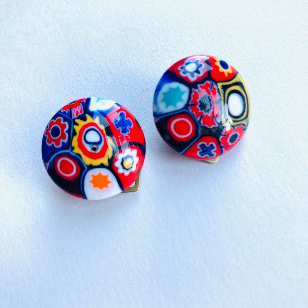 Vintage Millefiori Signed Made Italy Art Glass Clip On Earrings Red White Blue